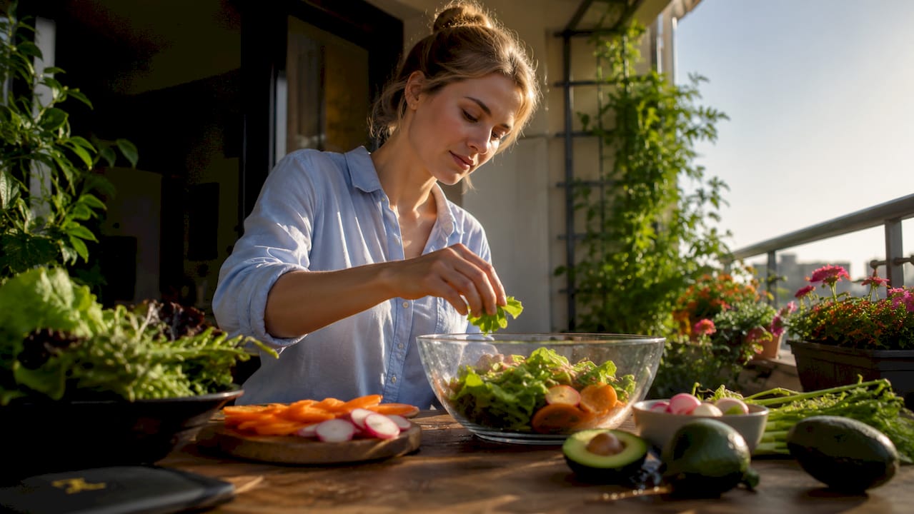 En kvinde står i køkkenet og laver en frisk salat med sprøde grøntsager.