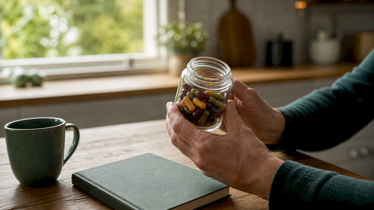 Et par hænder undersøger en vitaminflaske i et laboratorie.