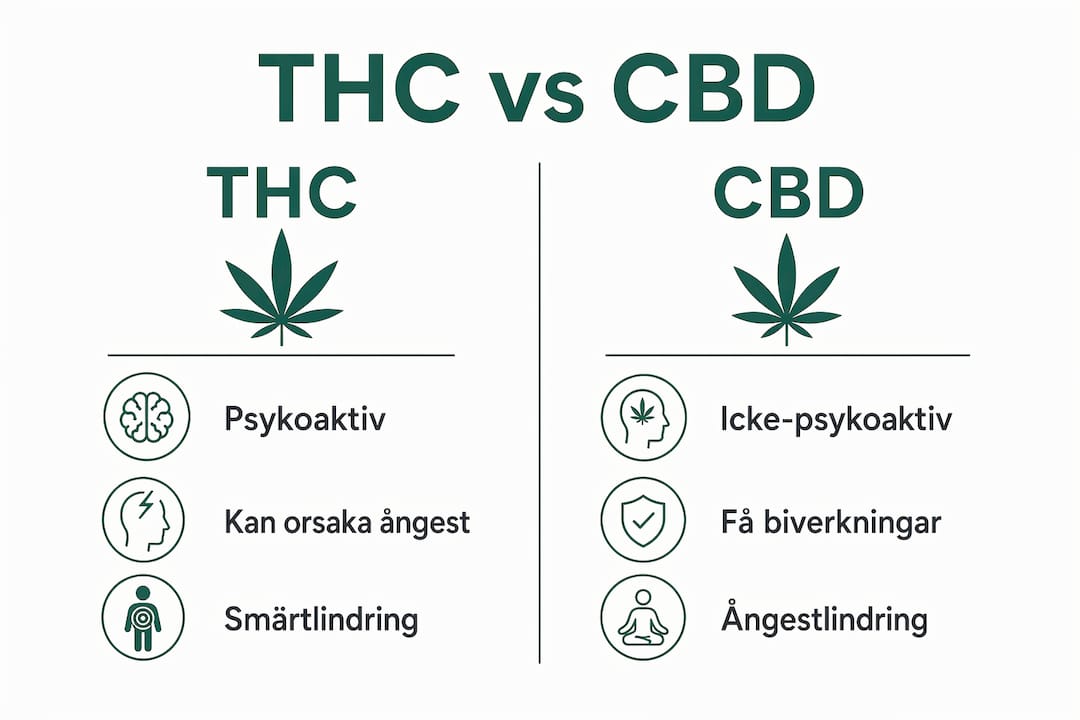 Översiktlig infografik som visar skillnader och likheter mellan THC och CBD – både när det gäller effekter och möjliga biverkningar.