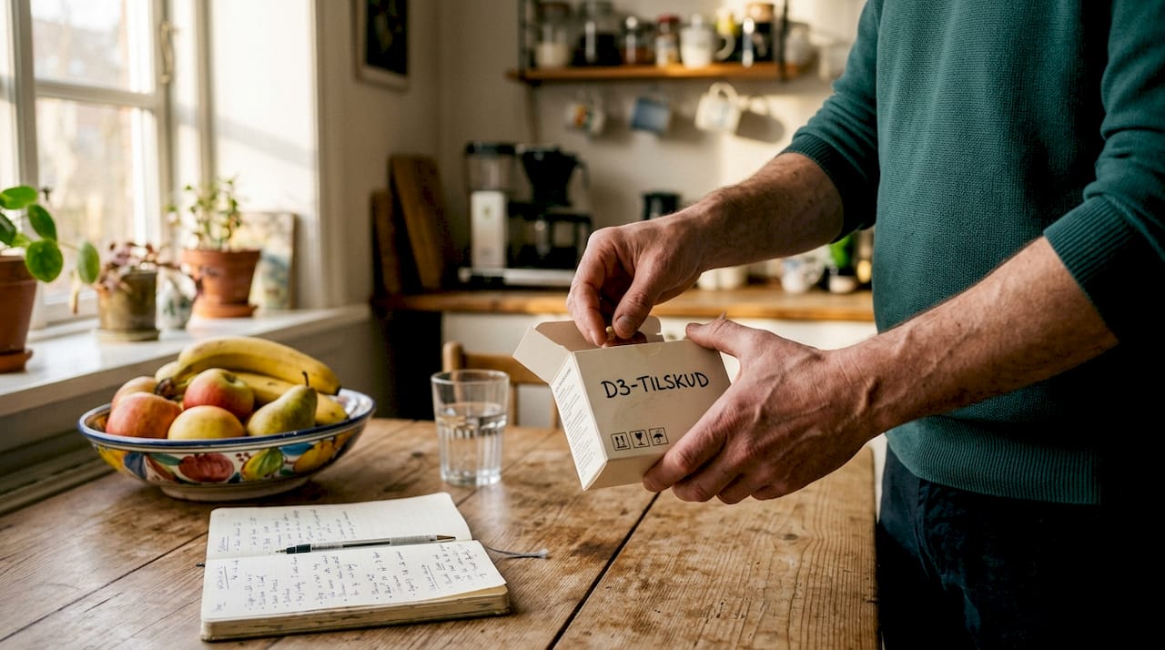 En hånd rækker ud med et glas D-vitamin på hjemmekontoret