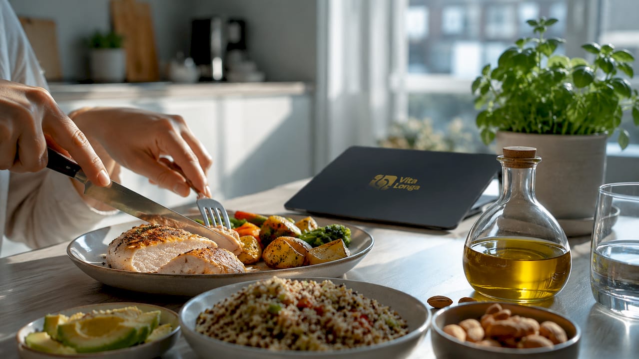 Sådan sammensætter du en balanceret tallerken med protein, kulhydrater og sunde fedtstoffer hjemme i dit eget køkken.