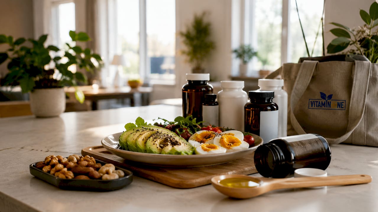 Ett näringsrikt mål med vitaminer och kosttillskott framdukat på bordet.