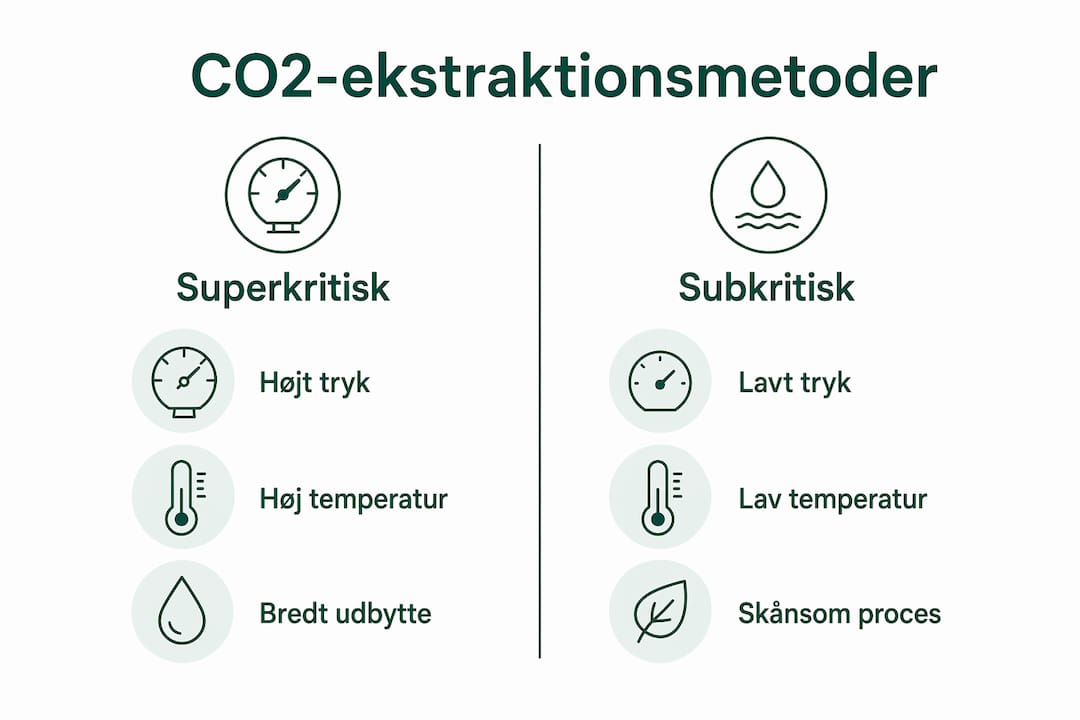 Grafisk oversigt, der viser forskellene mellem superkritisk og subkritisk CO2-ekstraktion