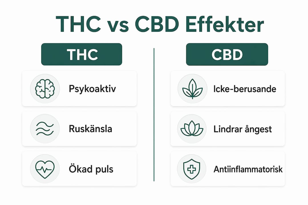 Grafisk översikt som visar hur THC och CBD påverkar hälsa och välbefinnande