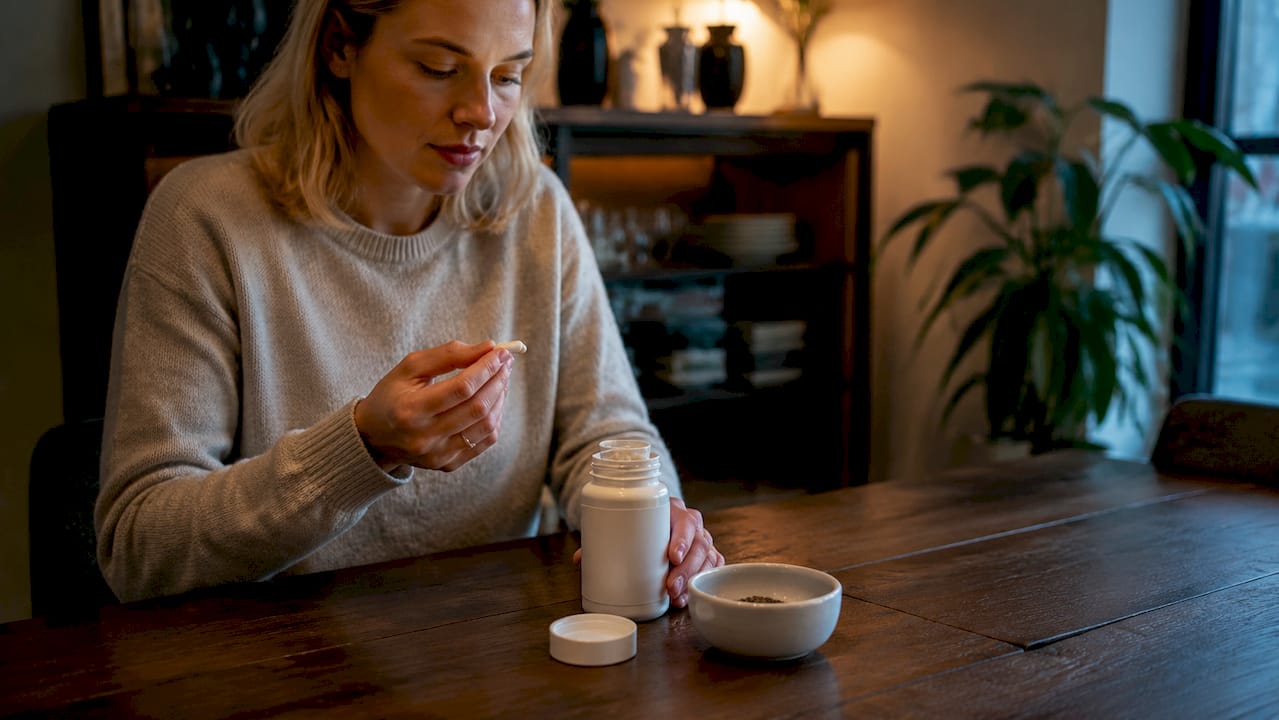 En hand håller en L-theanin-kapsel, med tydlig information om doseringen.