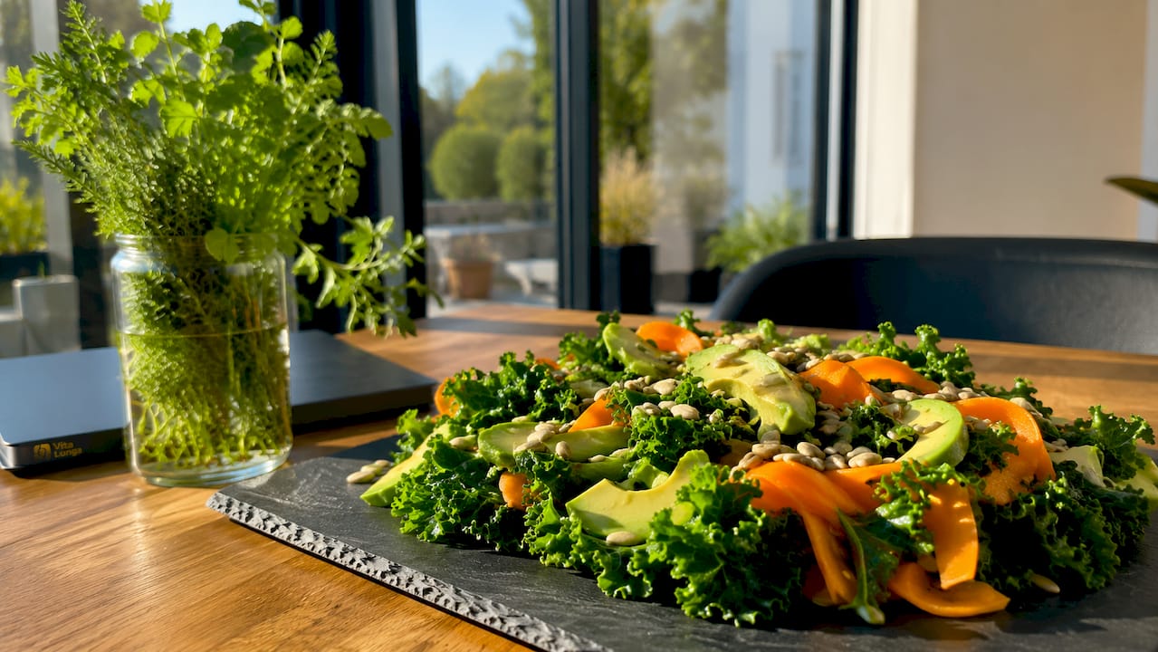 En sprød salat med frisk spinat, sød peberfrugt og saftig kiwi