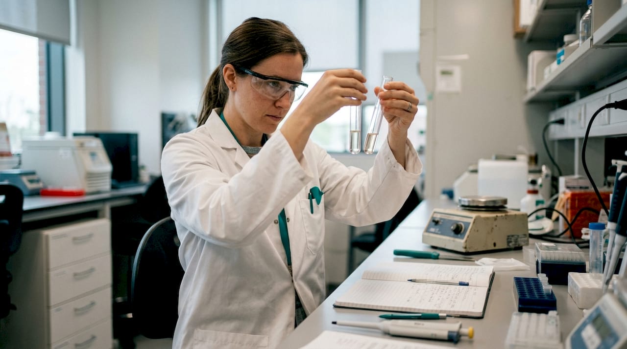 En forskare arbetar med provrör i ett laboratorium.