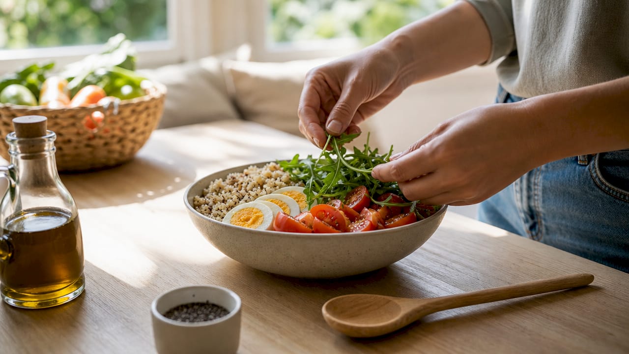 Hænder i gang med at lave en morgenmadsskål fyldt med protein