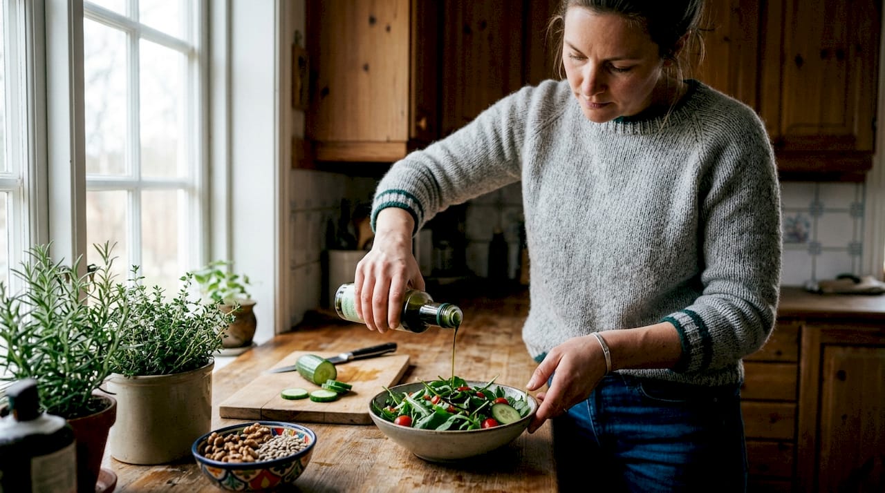 En kvinna står i köket och ringlar hampafröolja över sin sallad.