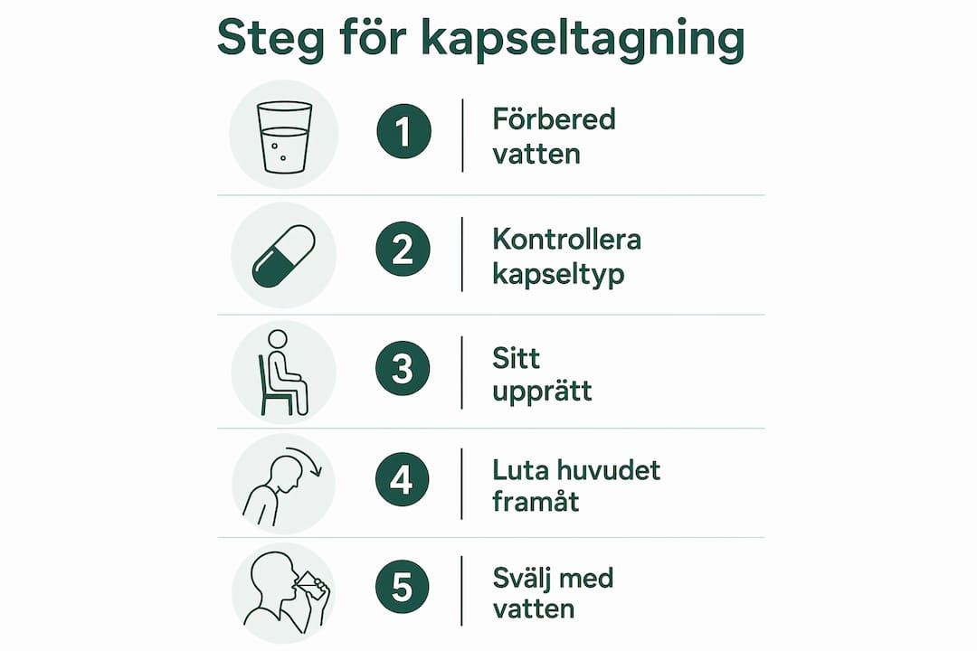 Illustration som visar fem viktiga steg för att ta kapslar på rätt sätt