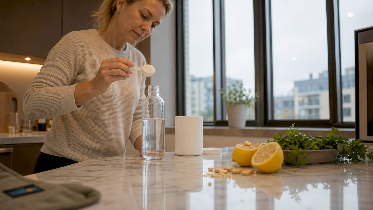 Detaljbild på kosttillskott med kollagen och C-vitamin