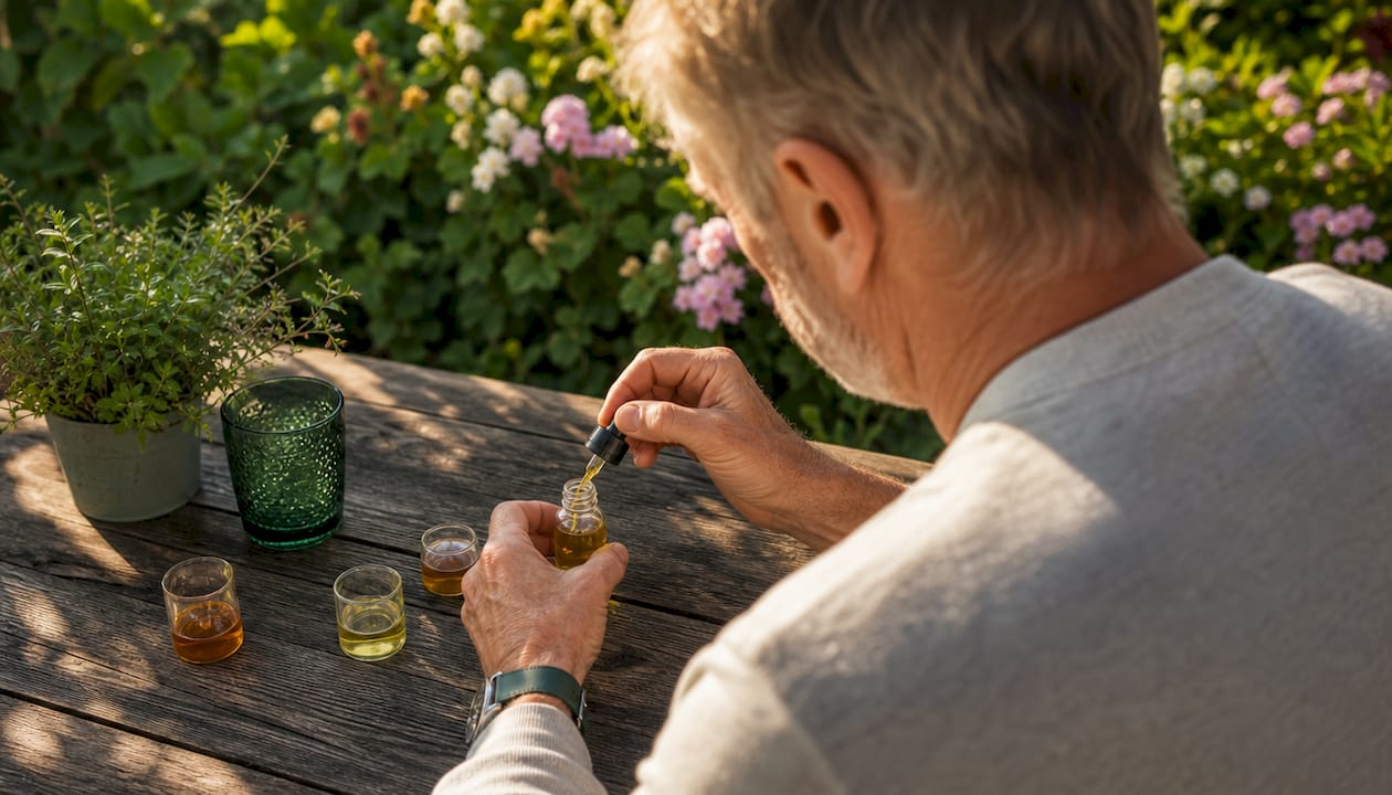 Närbild på händer som skruvar upp en flaska med cannabisolja