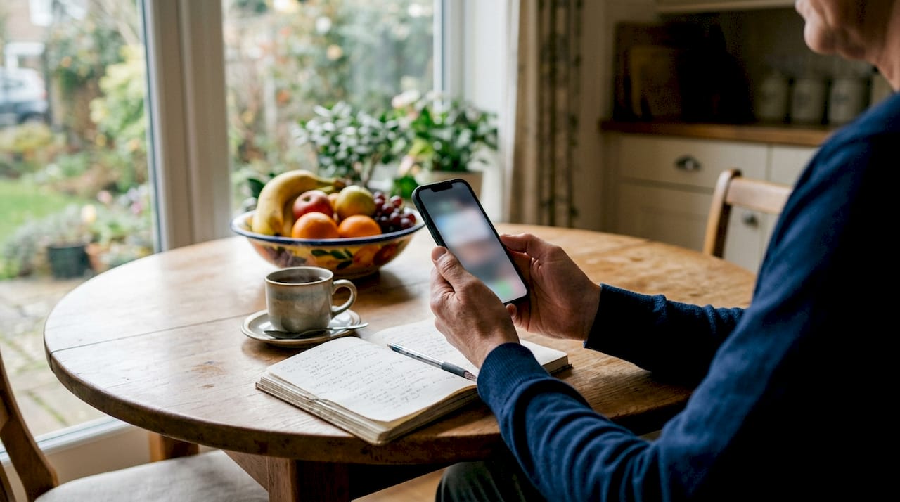Hænder, der bruger en app på mobilen til at huske medicinen