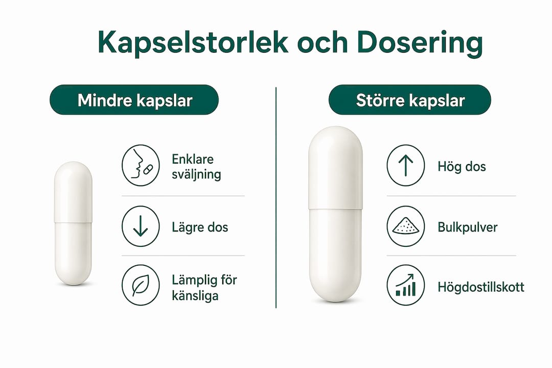 Översikt: kapselstorlekar och rekommenderad dosering