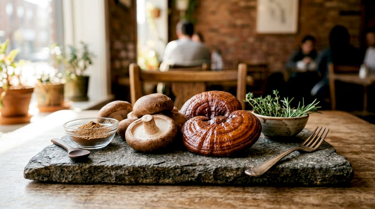 Et tæt kig på friske shiitake- og reishisvampe, der ligger klar på et skærebræt.