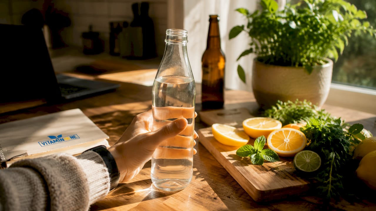 Händer som håller ett vitaminkapsel tillsammans med färska grönsaker och frukt