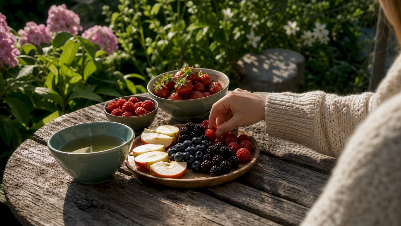 Et nærbillede af madvarer fyldt med flavonoider, flot anrettet på et bord.