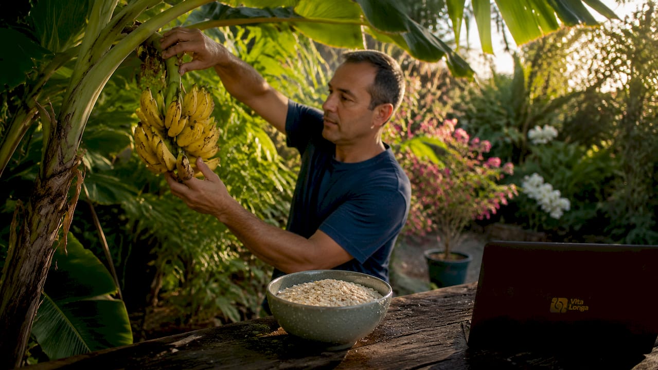 En hånd rækker ud efter bananer på køkkenbordet