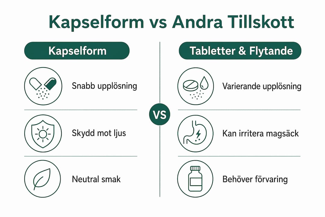 Infografik: För- och nackdelar med kapslar, tabletter och flytande kosttillskott