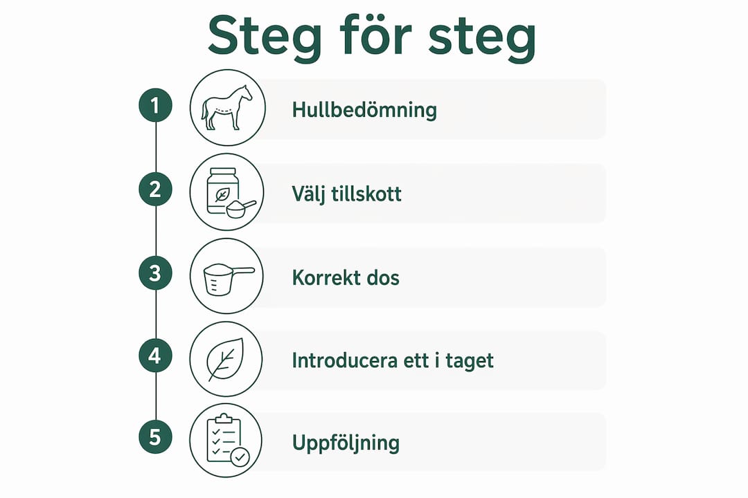 Illustration som visar hur du ger kosttillskott till din hund, steg för steg