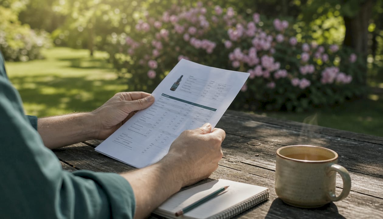 Hænder gennemgår certifikatet for et CBD-produkt