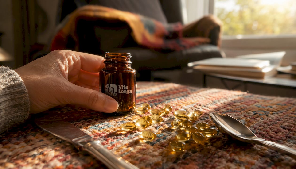 Nærbillede af en hånd, der holder et glas med D-vitaminpiller