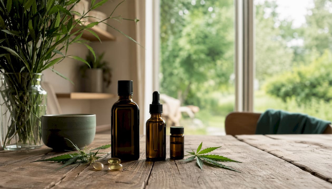 Olika flaskor med cannabisprodukter för husdjur fotade uppifrån