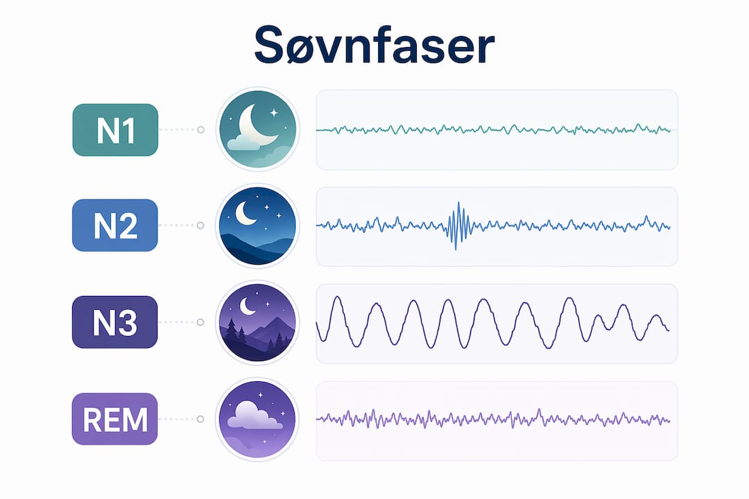 Grafisk oversigt, der viser hvordan søvnens forskellige faser forløber