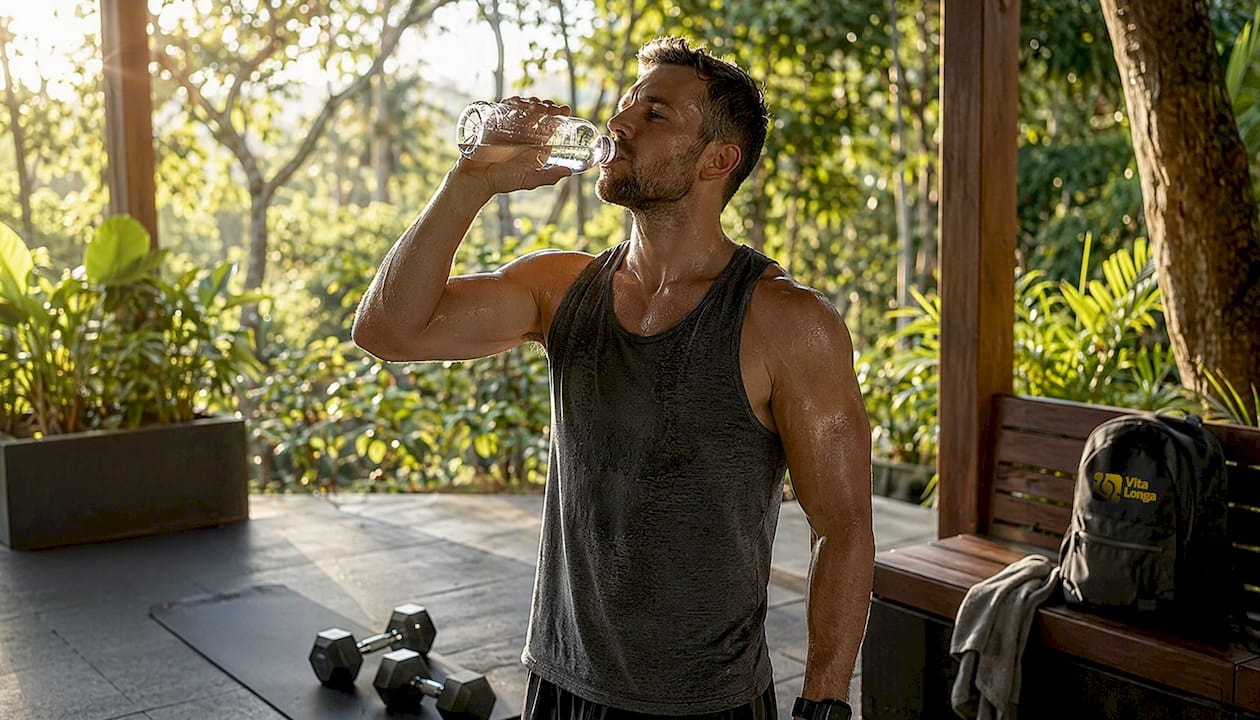 Detalje af stærk arm, der holder et glas vand i hjemmefitnesscenteret