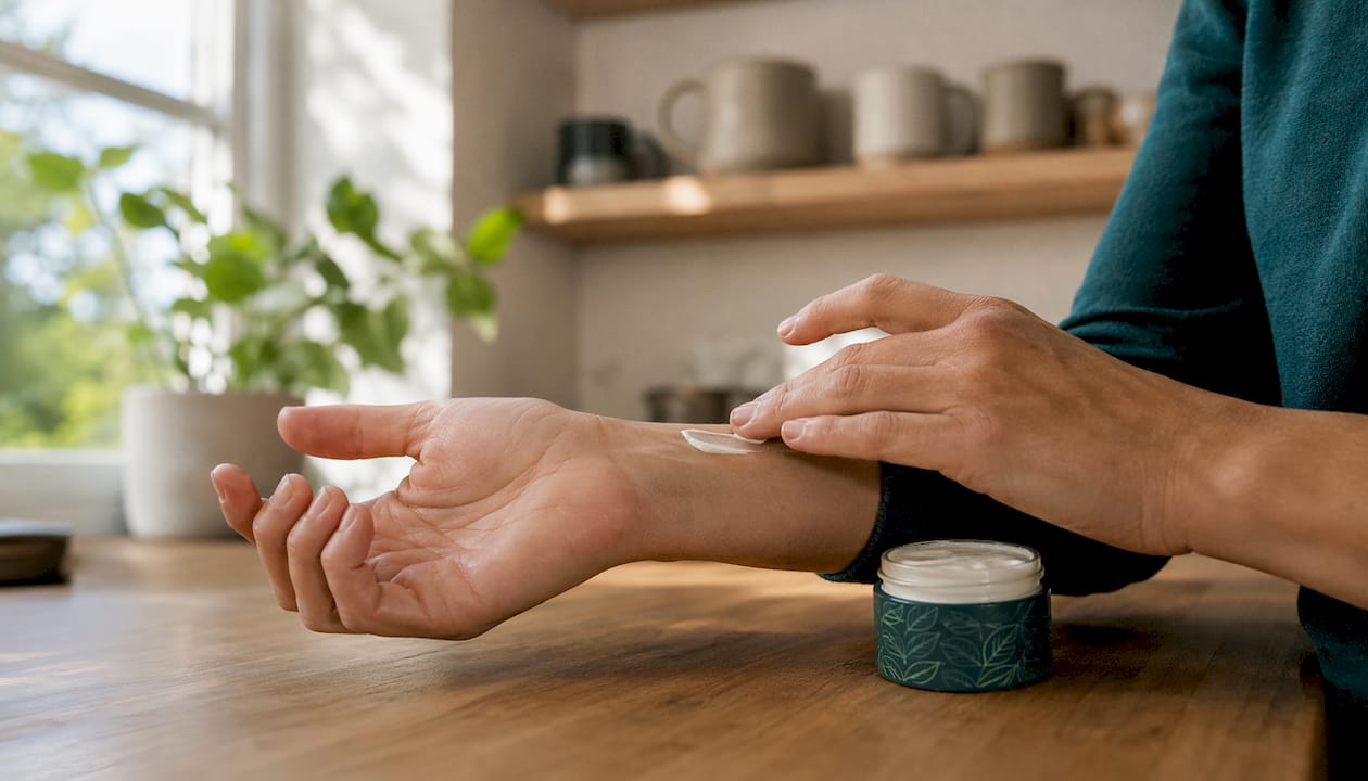 Hænder, der smører CBD-creme ind i huden