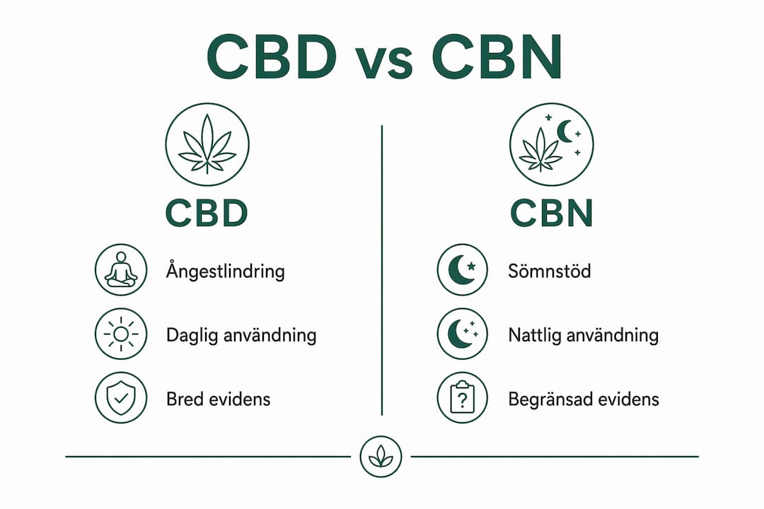 En överskådlig infografik som visar skillnader och likheter mellan CBD- och CBN-olja – både när det gäller effekter och användningsområden.