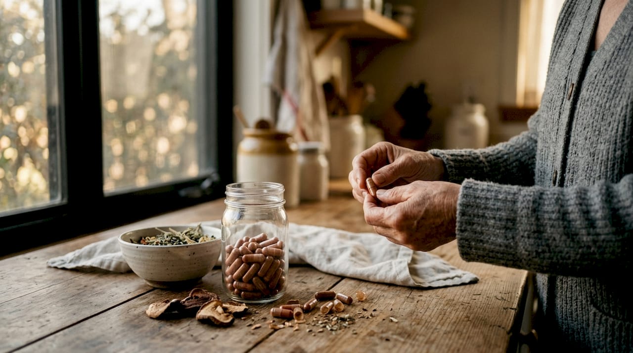Reishi-svampe i kapselform og tørrede stykker lagt frem på bordet