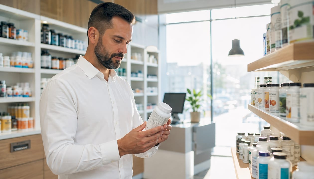 En farmaceut granskar en flaska Core Omega-3+ noggrant.