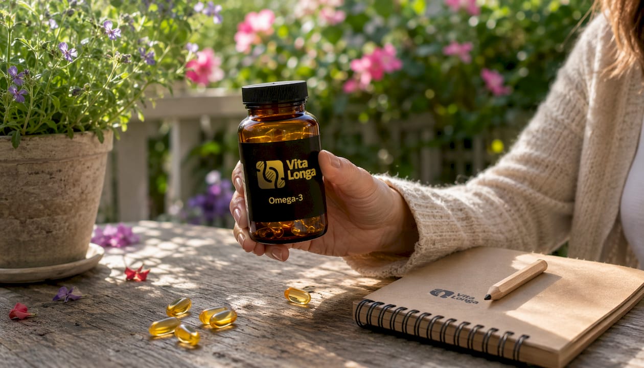 Et nærbillede af en omega-3 kapsel-flaske taget udendørs i naturligt lys.