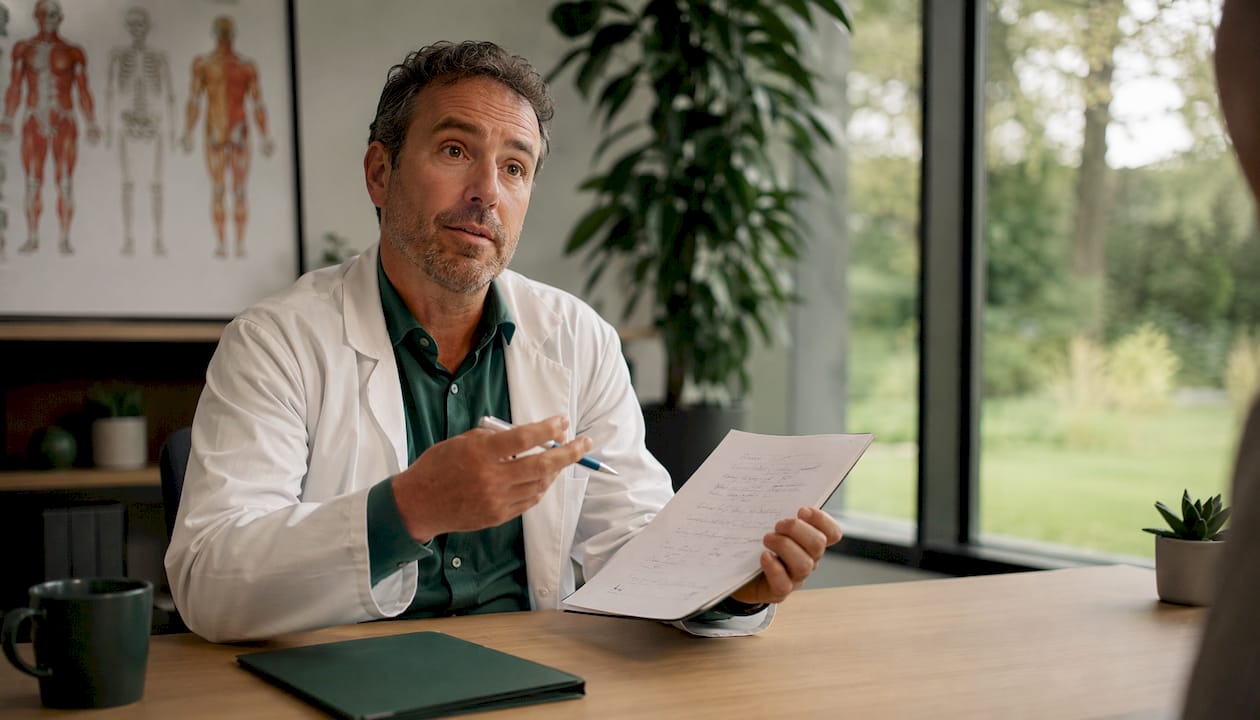 Läkaren samtalar med patienten om kosttillskott och ger råd kring vad som kan vara bra att tänka på.