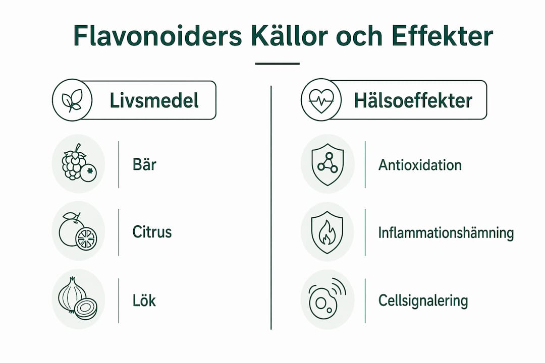 Illustration som visar vilka livsmedel som innehåller flavonoider och hur de påverkar vår hälsa