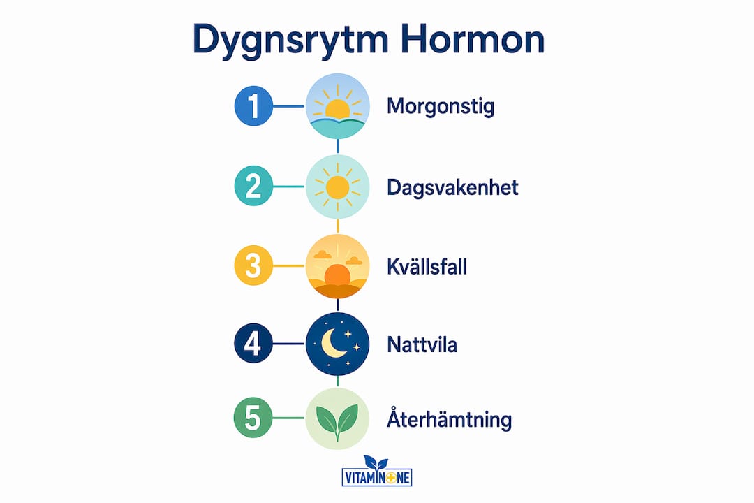 Illustration som visar hur nivåerna av serotonin, melatonin och kortisol förändras under dygnet