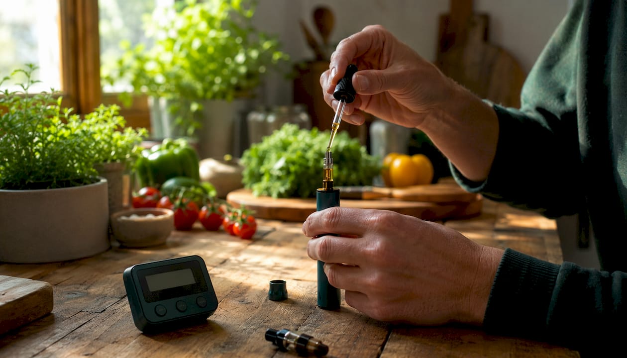 Hænder holder en cannabis-vaporizer hen over et bord – set i close-up