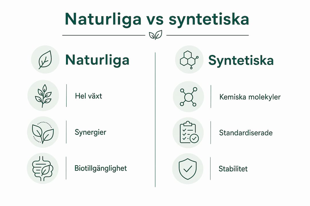 En överskådlig infografik som visar skillnaderna mellan naturliga och syntetiska kosttillskott