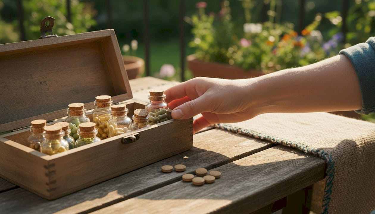 En hand håller upp glasflaskor med naturliga vitamintillskott