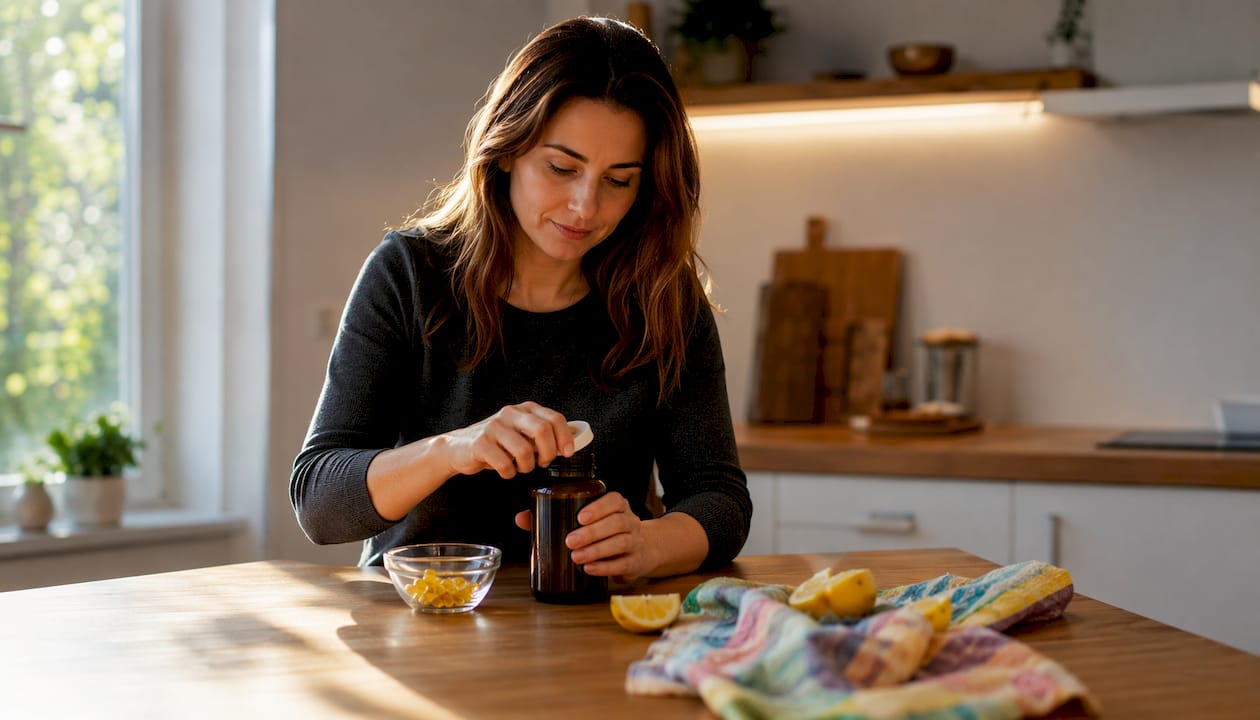 En närbild på händer som håller omega-3-kapslar vid köksbänken.