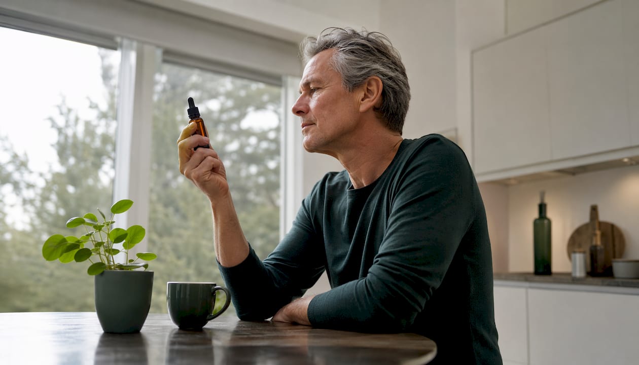En mand står ved vinduet på sit hjemmekontor og undersøger en flaske CBN-olie.