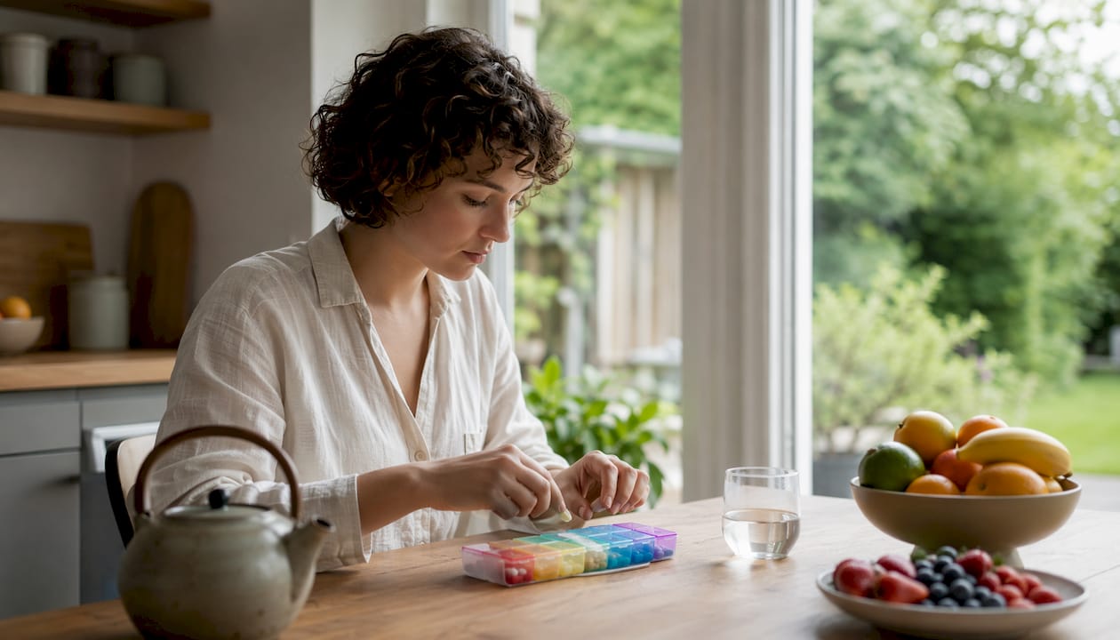 Hænder fylder de daglige vitaminer i en pilleæske med rum til hver ugedag.