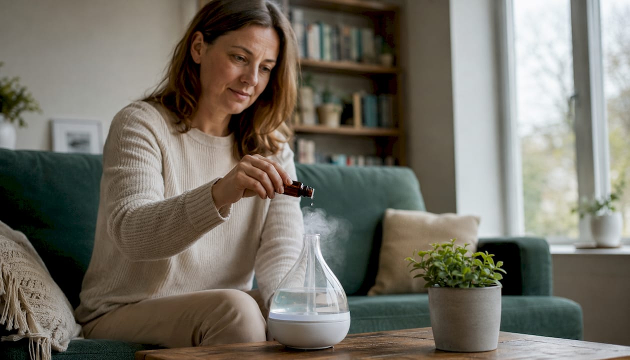 En kvinna droppar lavendelolja i sin doftspridare hemma för en avslappnande atmosfär.
