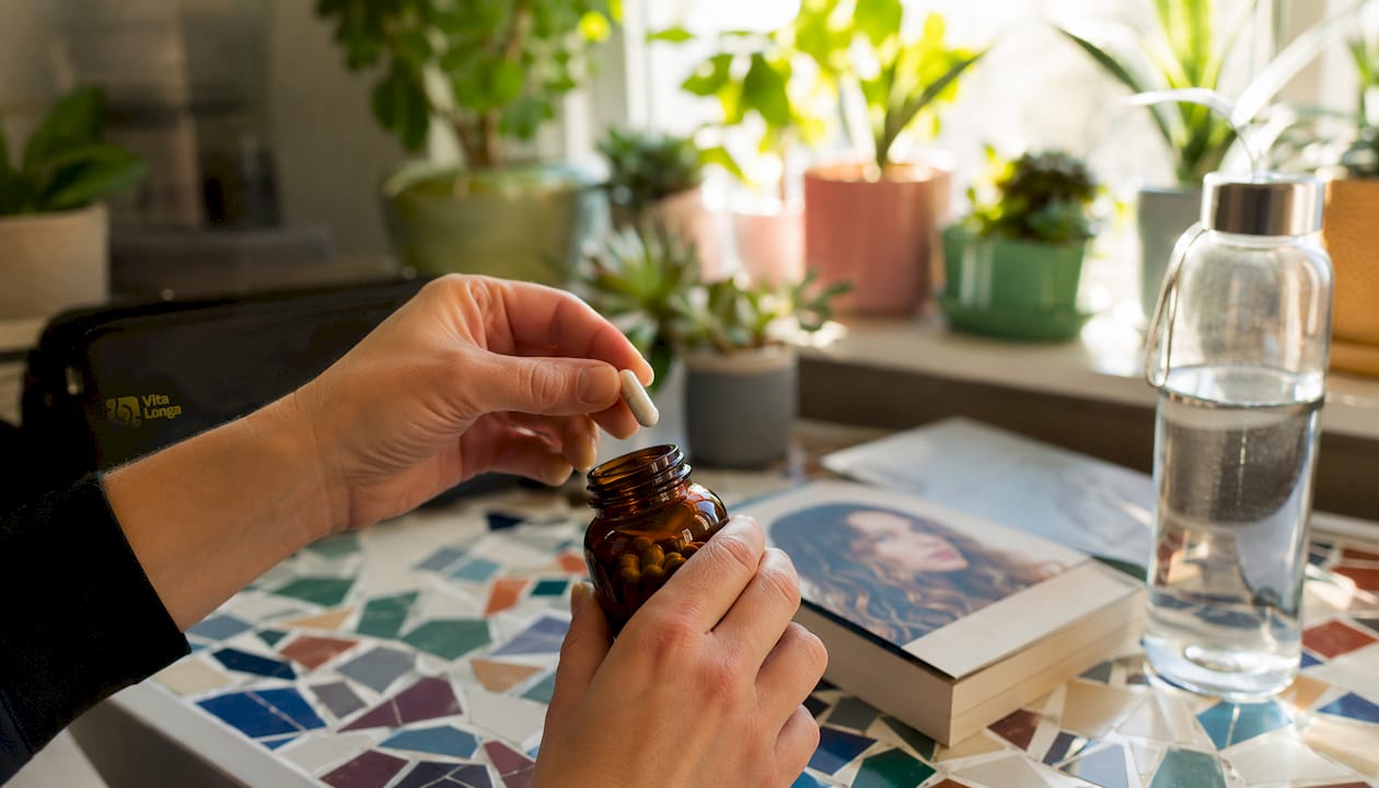 En hånd rækker ned i flasken og tager en hårvitaminpille op.