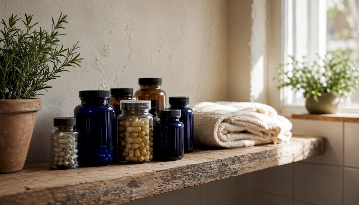 Flasker med vitaminer står pænt på række på en træhylde.