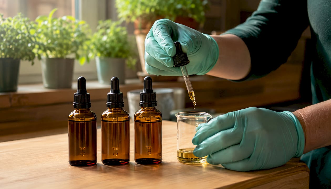 Detaljebillede af hænder, der håndterer CBD-olie og pipette