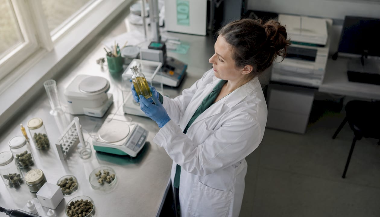 Ett par händer håller försiktigt i en liten flaska med cannabisolja inne i ett laboratorium.