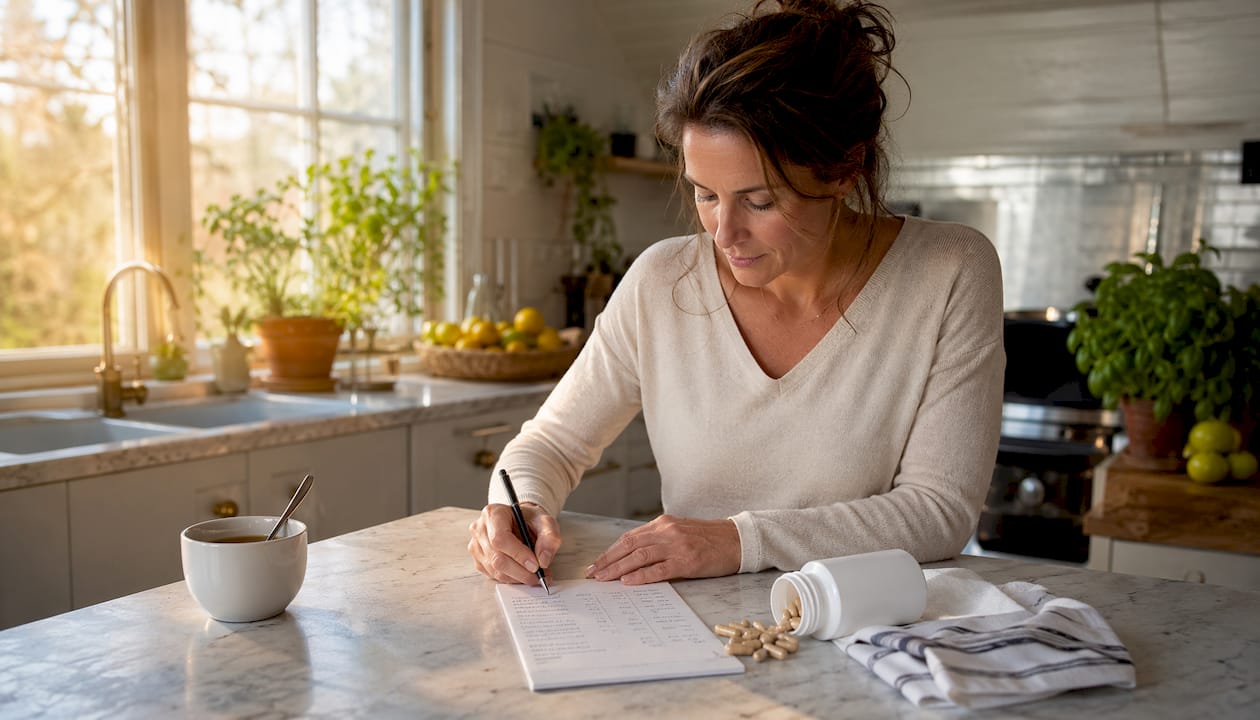 Multivitaminkapslar och en checklista uppifrån på skrivbordet
