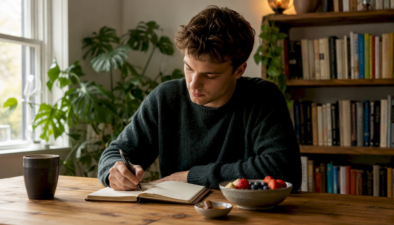 Nærbillede af hænder, der skriver en huskeliste, mens vitaminpiller ligger ved siden af.